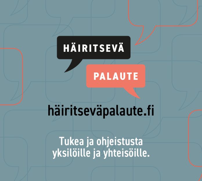 Kuvituskuva, jossa lukee häiritseväpalaute.fi, tukea ja ohjeistusta yksilöille ja yhteisöille.