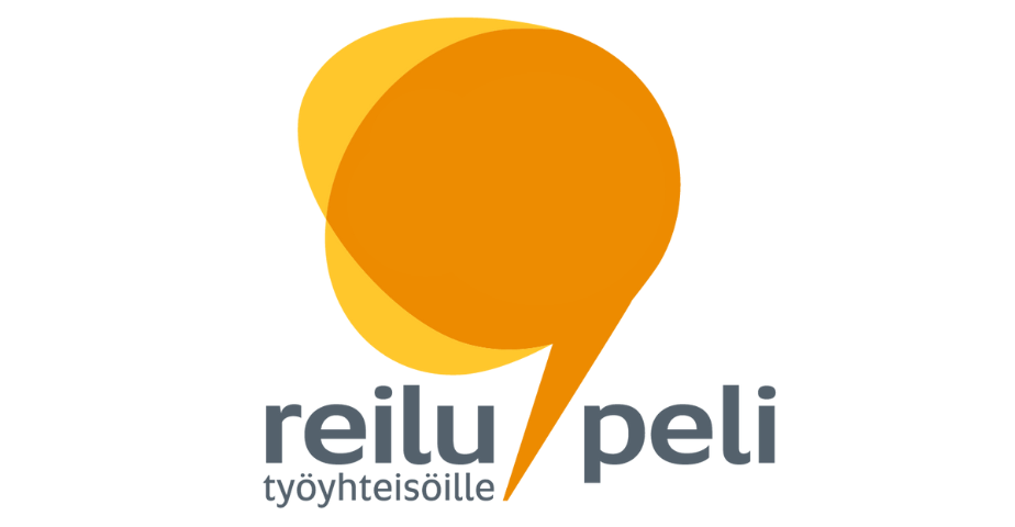 Reilu Peli työyhteisöille logo, jossa kaksi puhekuplaa päällekkäin ja teksti Reilu Peli työyhteisöille.