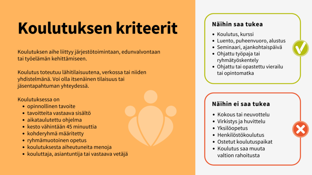 Infotaulussa tietoa TJS-tukeen oikeutettujen koulutusten kriteereistä ja listaukset siitä, mihin tukea saa tai ei saa.